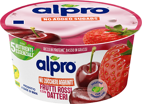 Szójagurt piros gyümölcsökkel és datolyával, joghurtkultúrával, hozzáadott cukor nélkül