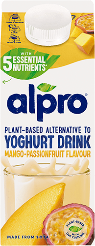 Kasvipohjainen vaihtoehto jogurttijuomalle Mango-Passion